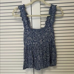Blue Floral Ruffled Strap Tank